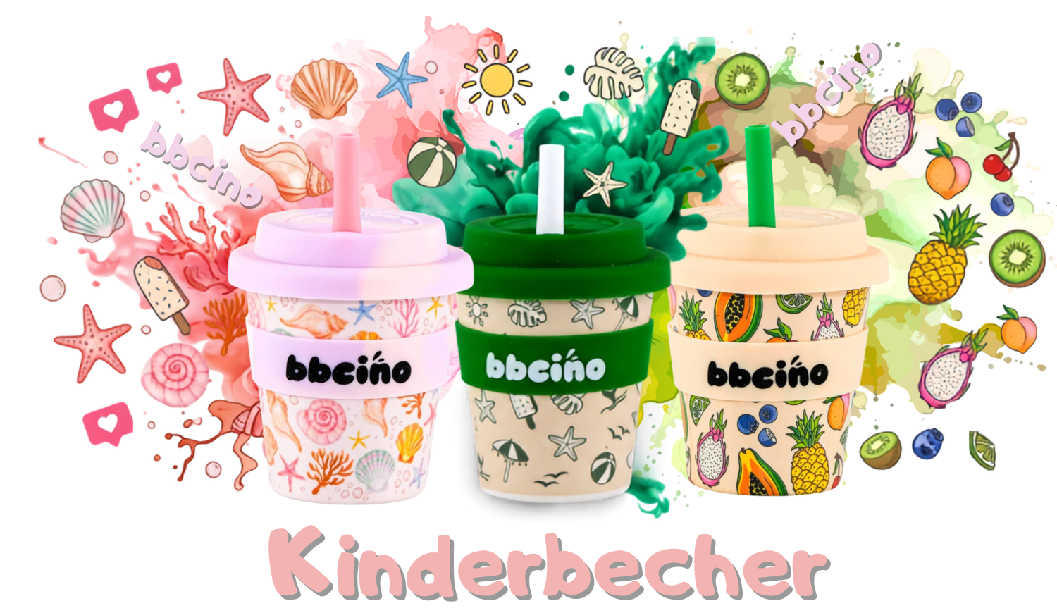 Drei bunte bbciño Kinderbecher mit Strohhalmen in den Designs Meer, Strand und tropische Früchte vor einem farbenfrohen Sommer-Hintergrund. Unten steht der Text 'Kinderbecher'